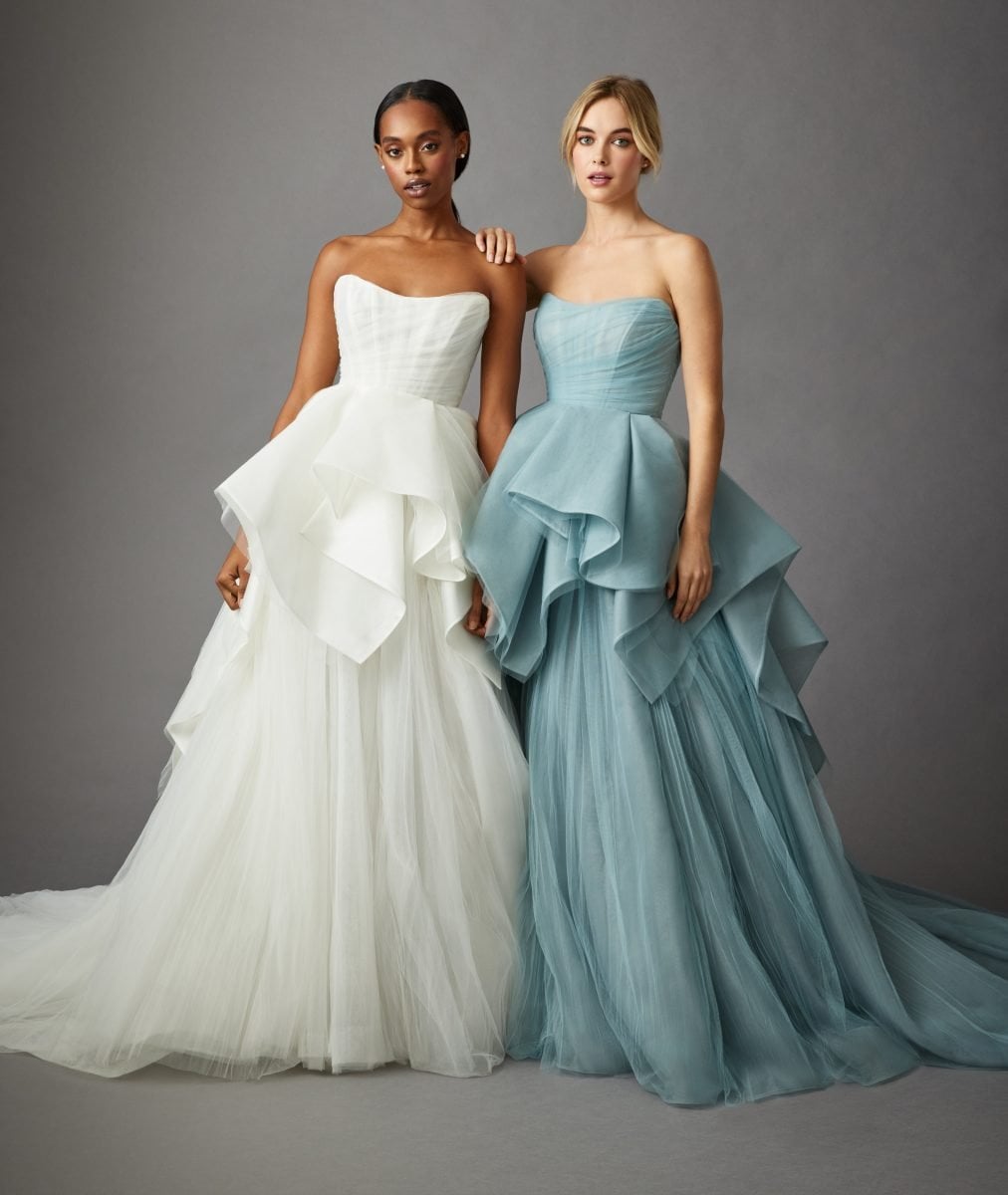 Allison Webb Tiffany wedding gown with long skirt and hip accent fabric