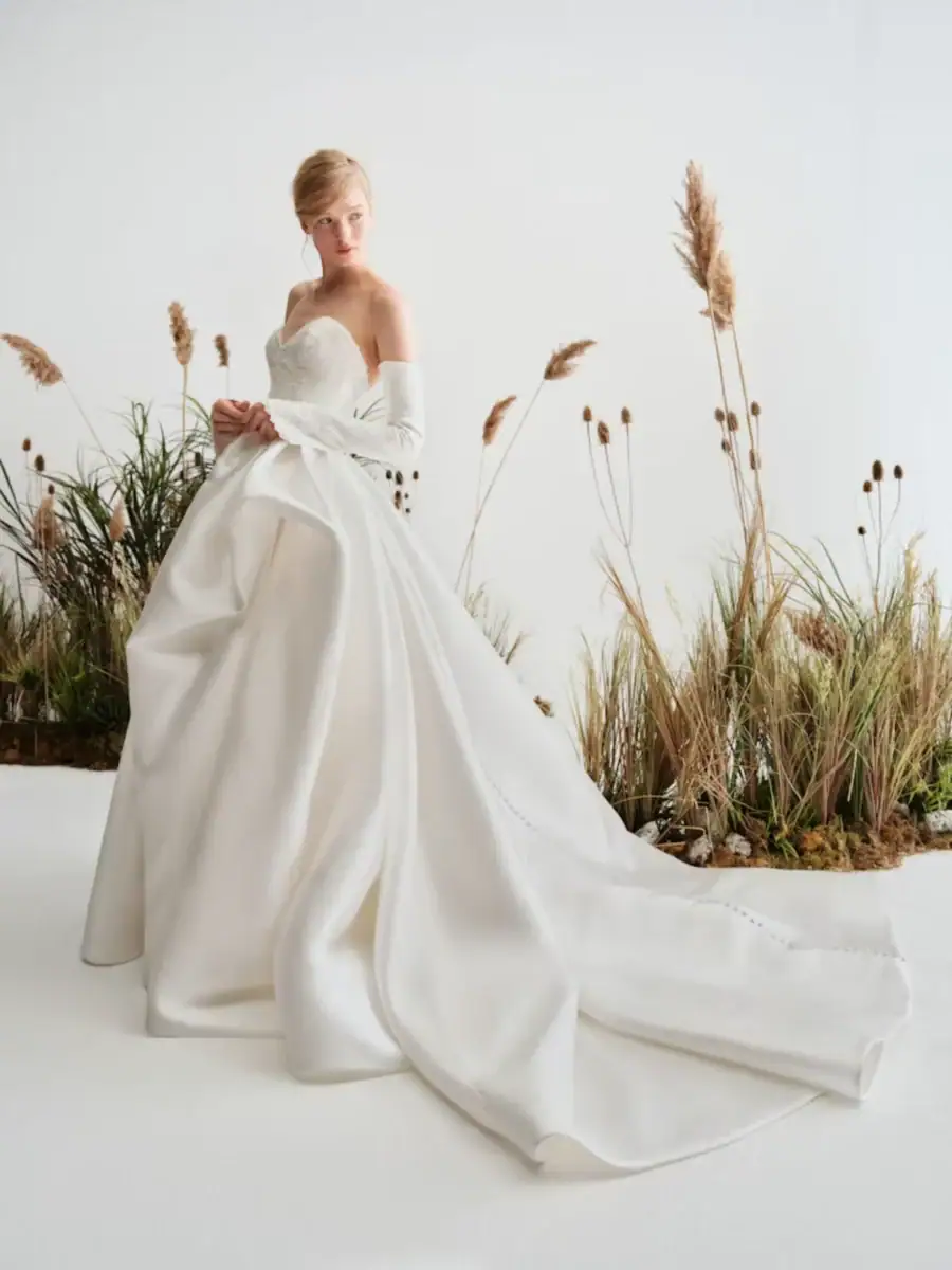 full front of alyne drift ivory mikado ball gown wedding dress with matching sleeves and a layered skirt