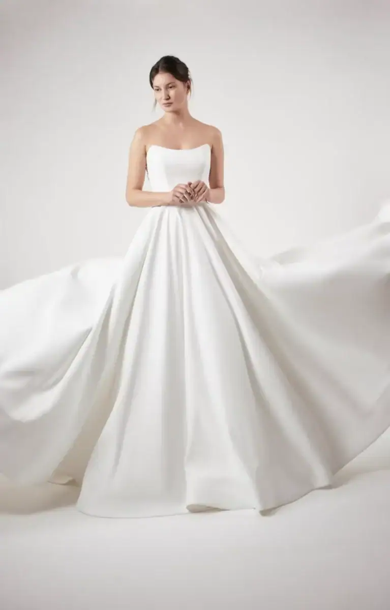 full front of alyne makayla ivory mikado ball gown wedding dress with a strapless neckline