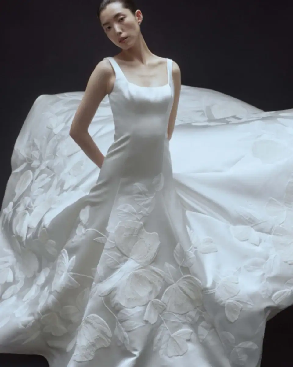 Amsale floral drop waist wedding dress