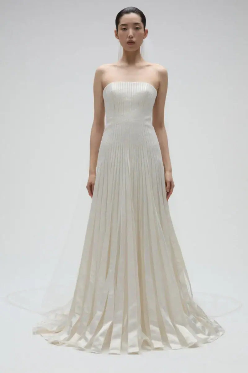 amsale silky sheath wedding dress with pleated skirt