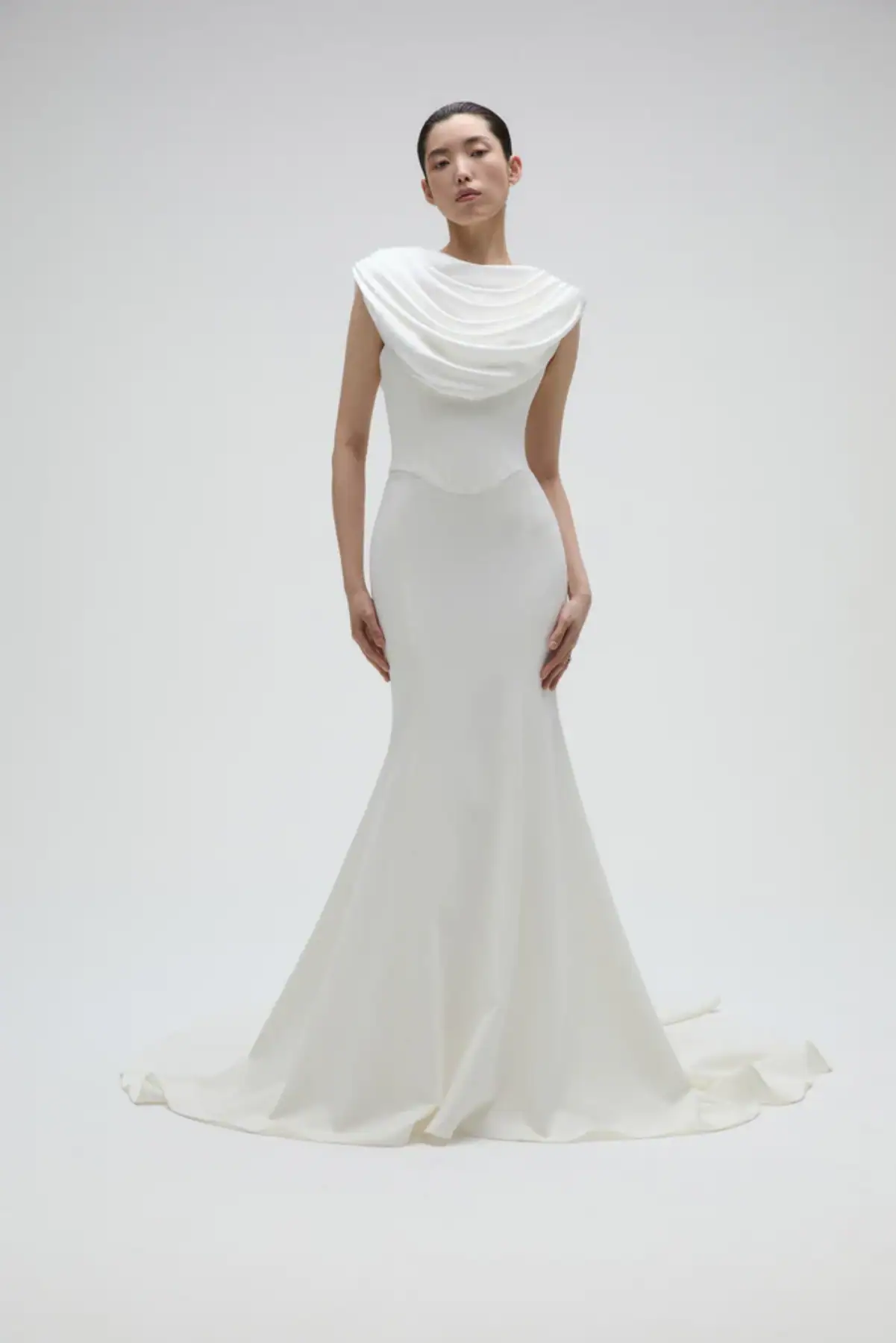 Fit and flare wedding dress with basque waist and detachable shawl
