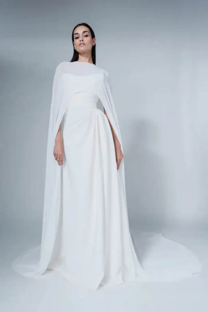 full front of bliss by monique lhuillier bl26205 silky slim wedding dress with matching cape