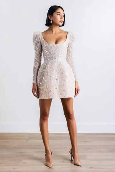 By Watters shortie dress with beading and long sleeves