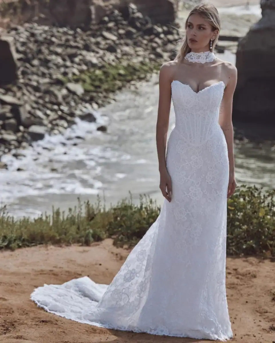full front of calla blanche allegra ivory lace fitted wedding dress with a strapless sweetheart neckline and matching shawl
