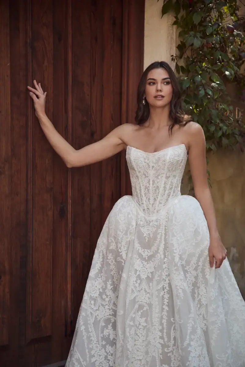 calla blanche fenella strapless lace wedding dress with basque waist