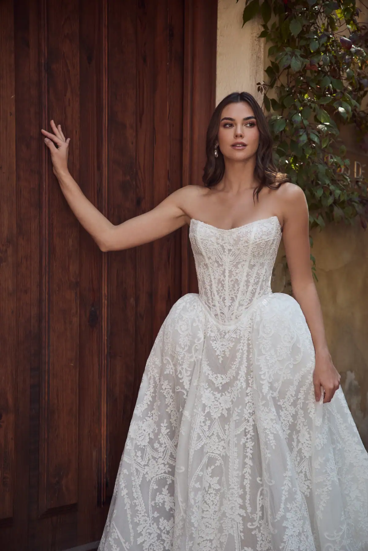calla blanche fenella strapless lace wedding dress with basque waist