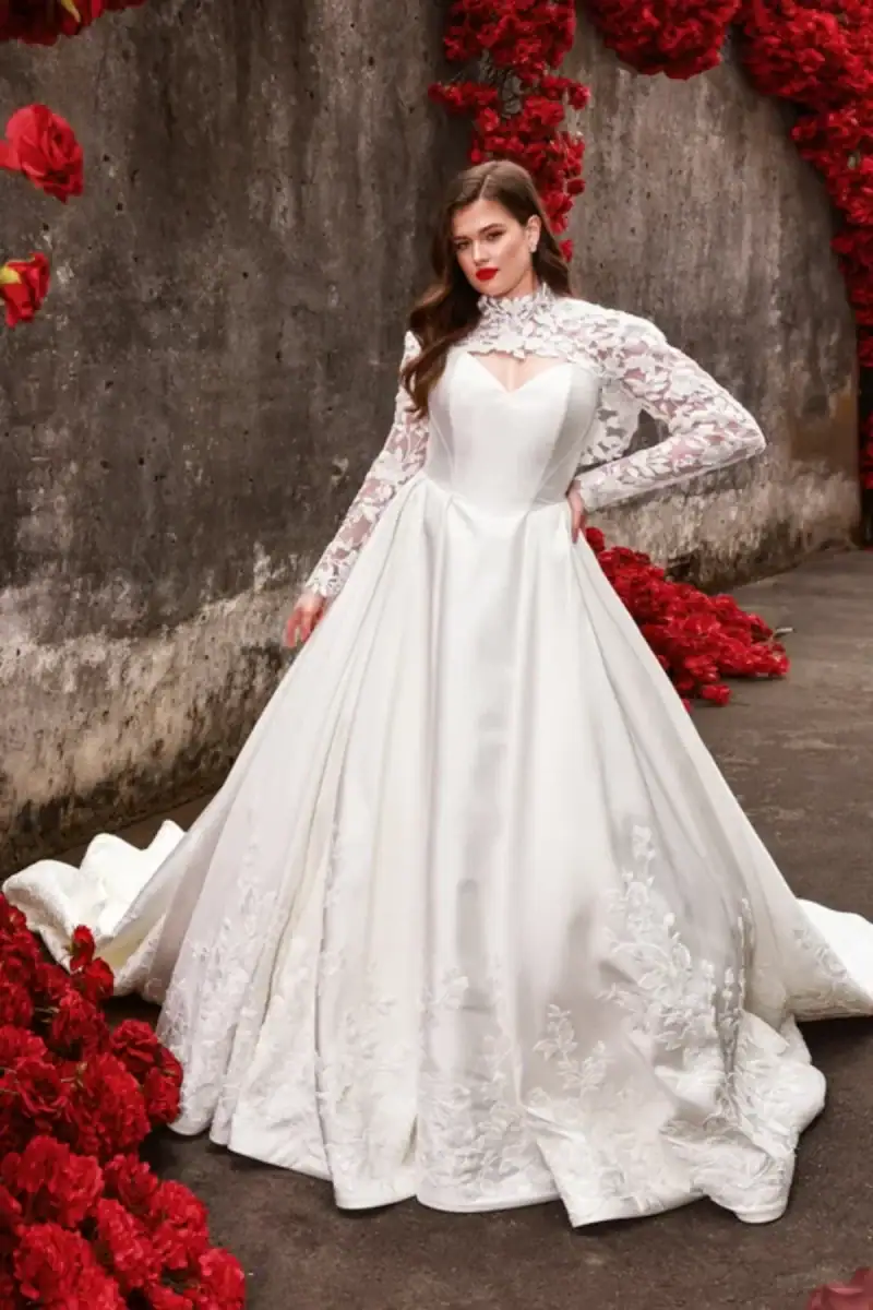Mikado ball gown wedding dress with long sleeve lace jacket