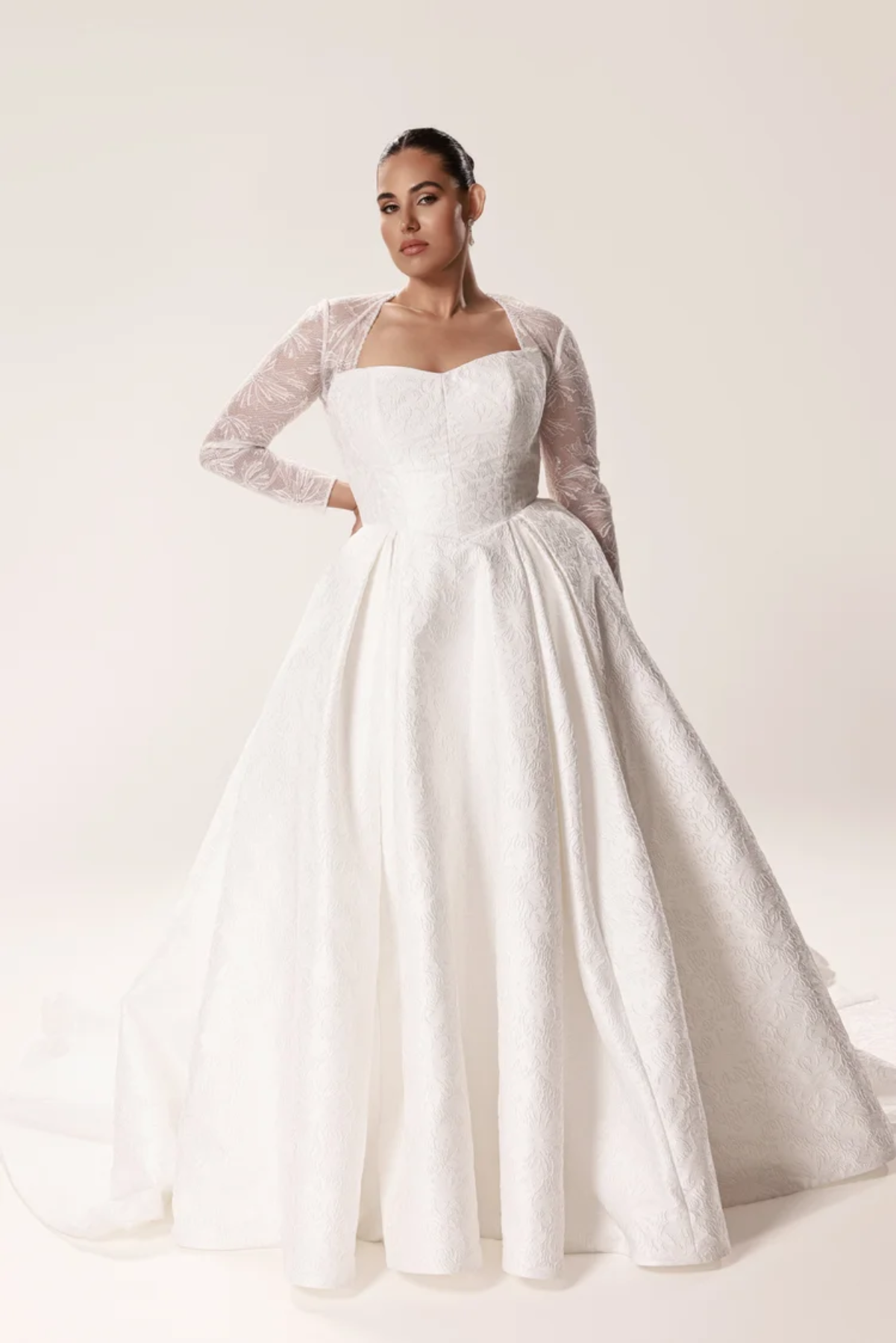floral printed ball gown wedding dress with matching long sleeves