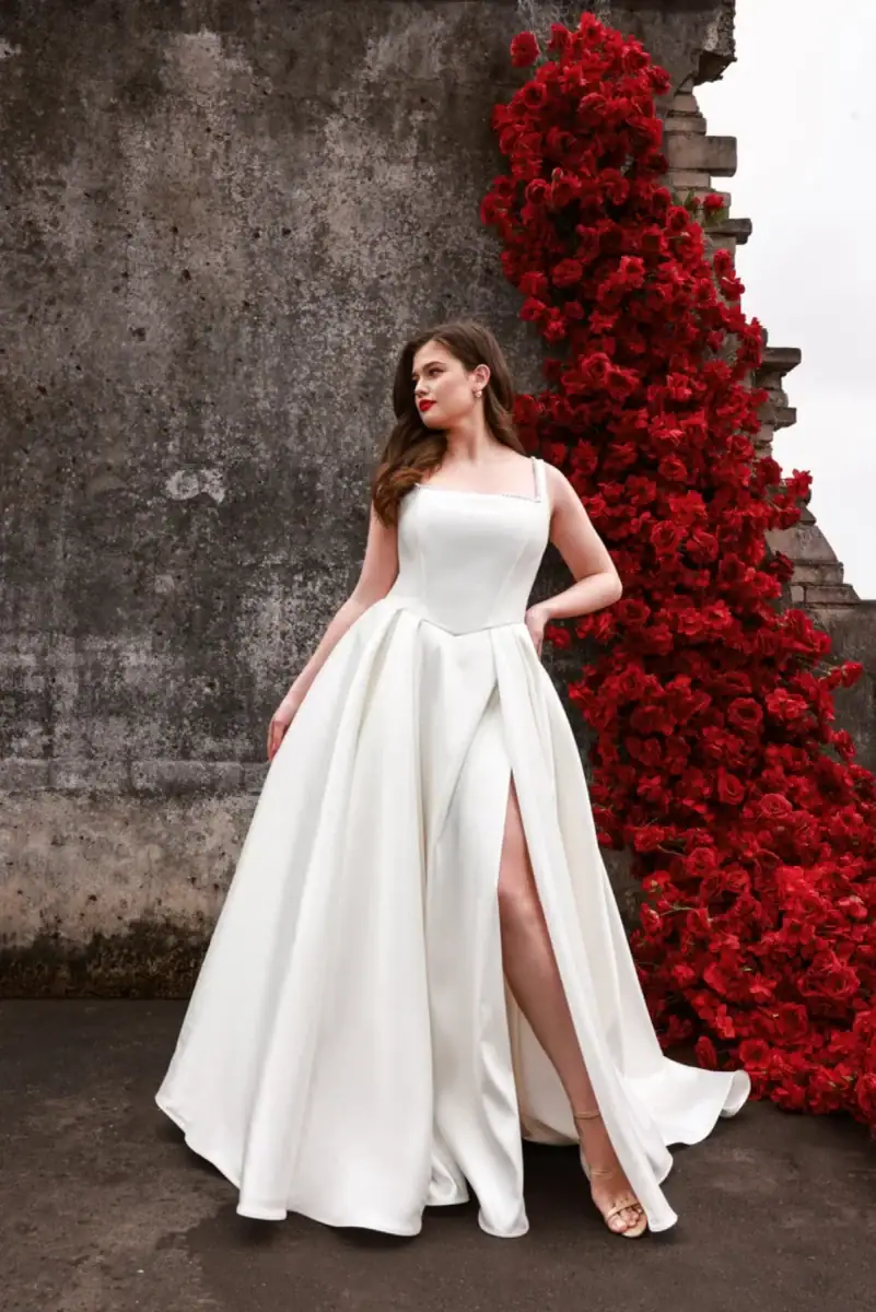 Ball gown wedding dress with basque waist and square neckline