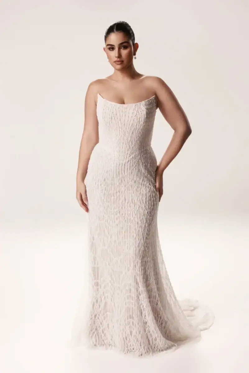 beaded fit n flare wedding dress with scoop neckline and basque waist
