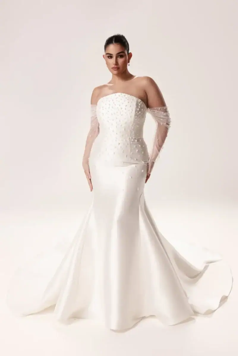 mikado fit n flare wedding dress with pointed neckline and matching sleeves
