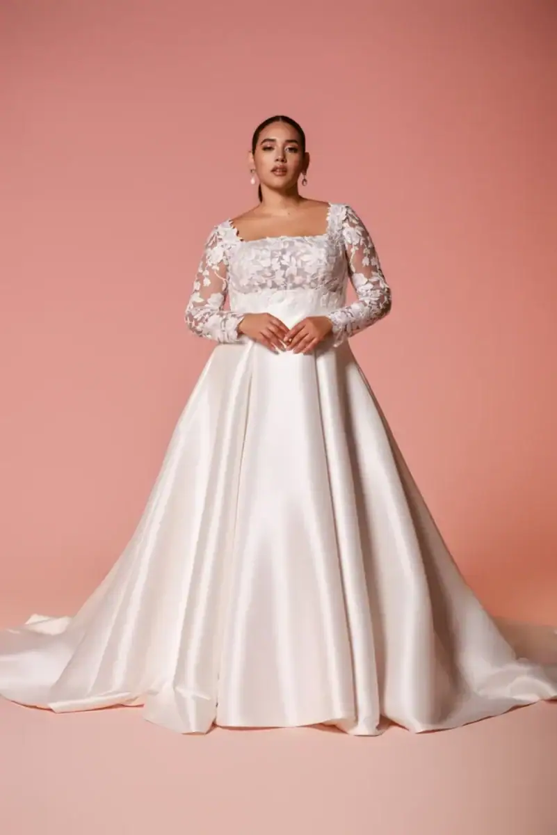 dany girl plus size wedding dress with square neckline and long sleeves