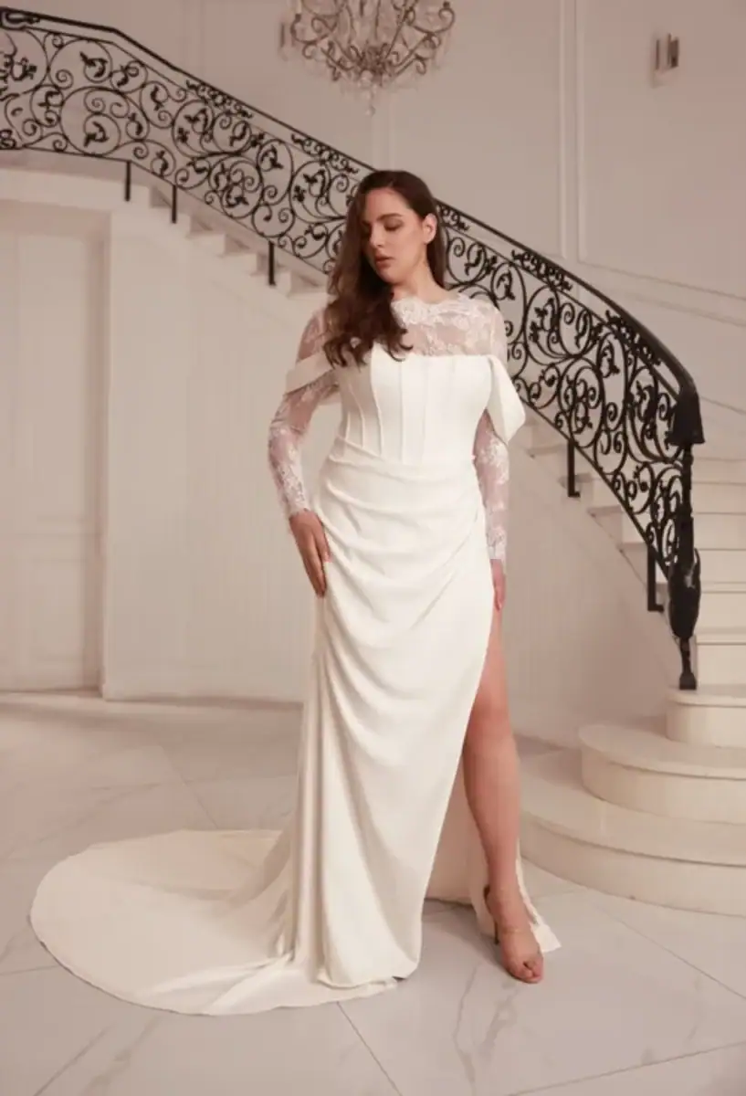 Crepe sheath wedding dress with lace long sleeve underlay