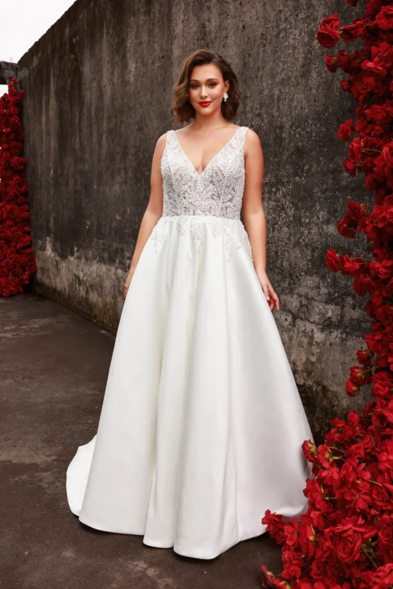 Silky A-line wedding dress with lace V neck bodice
