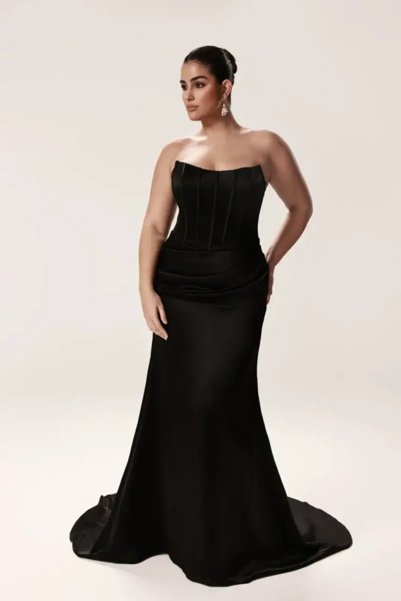 black fit n flare wedding dress with strapless scoop neckline
