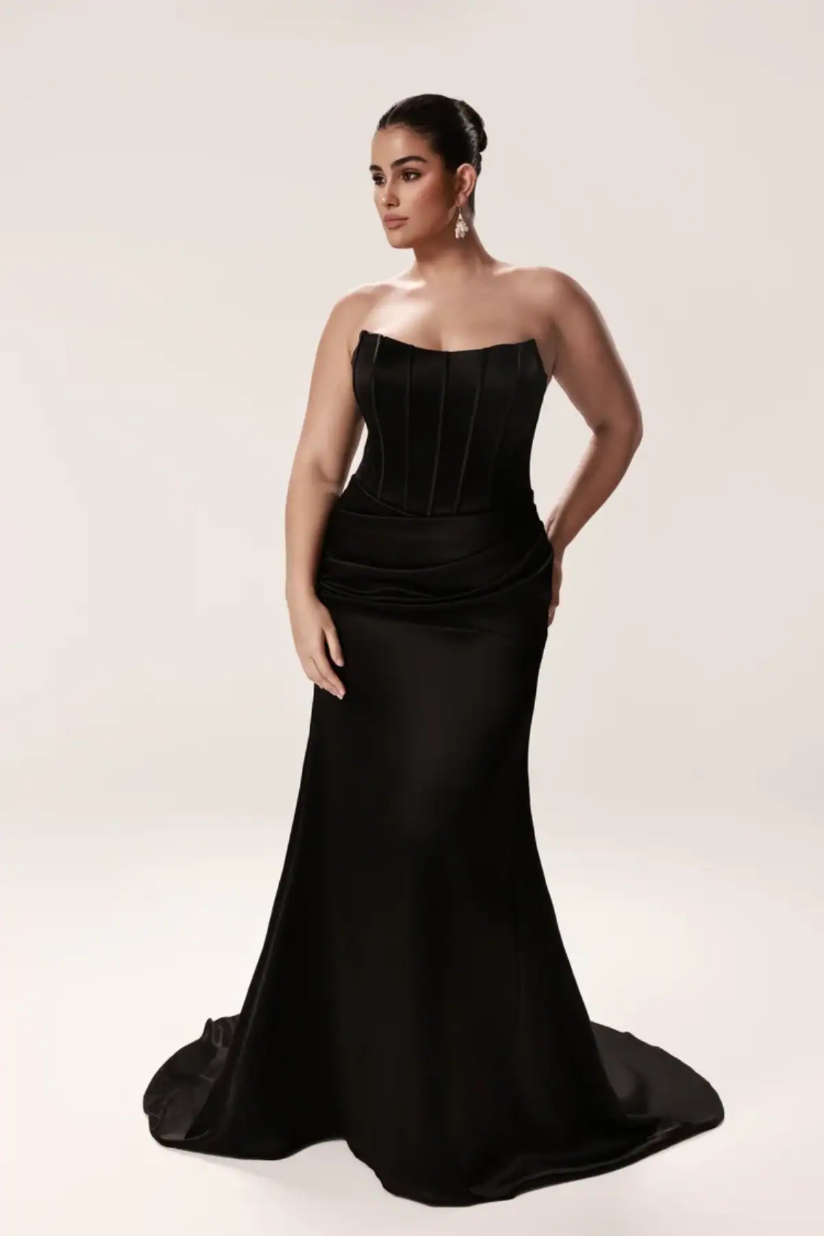 black fit n flare wedding dress with strapless scoop neckline