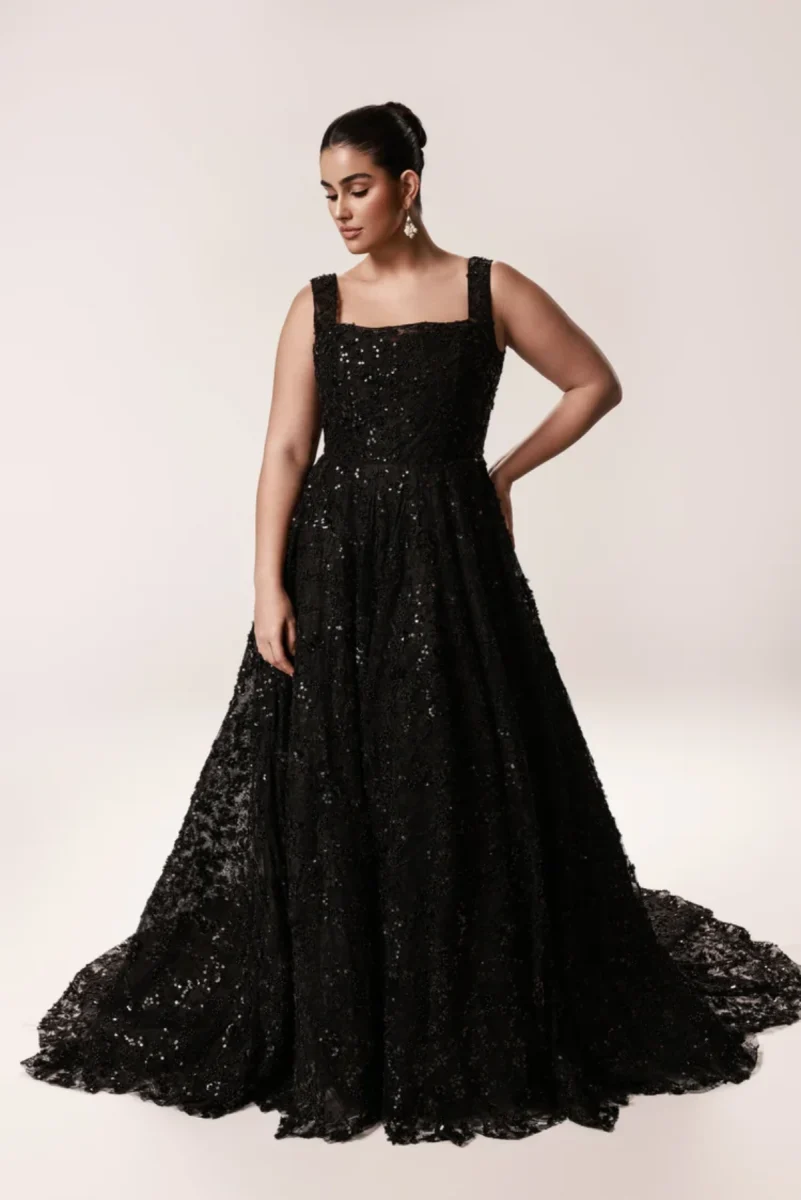 sparkly black a-line wedding dress with square neckline