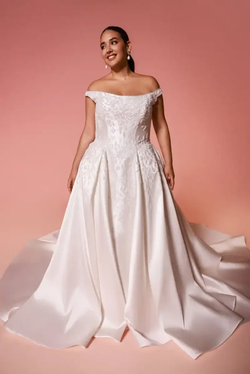 dany girl plus size wedding dress with floral appliques and off the shoulder neckline