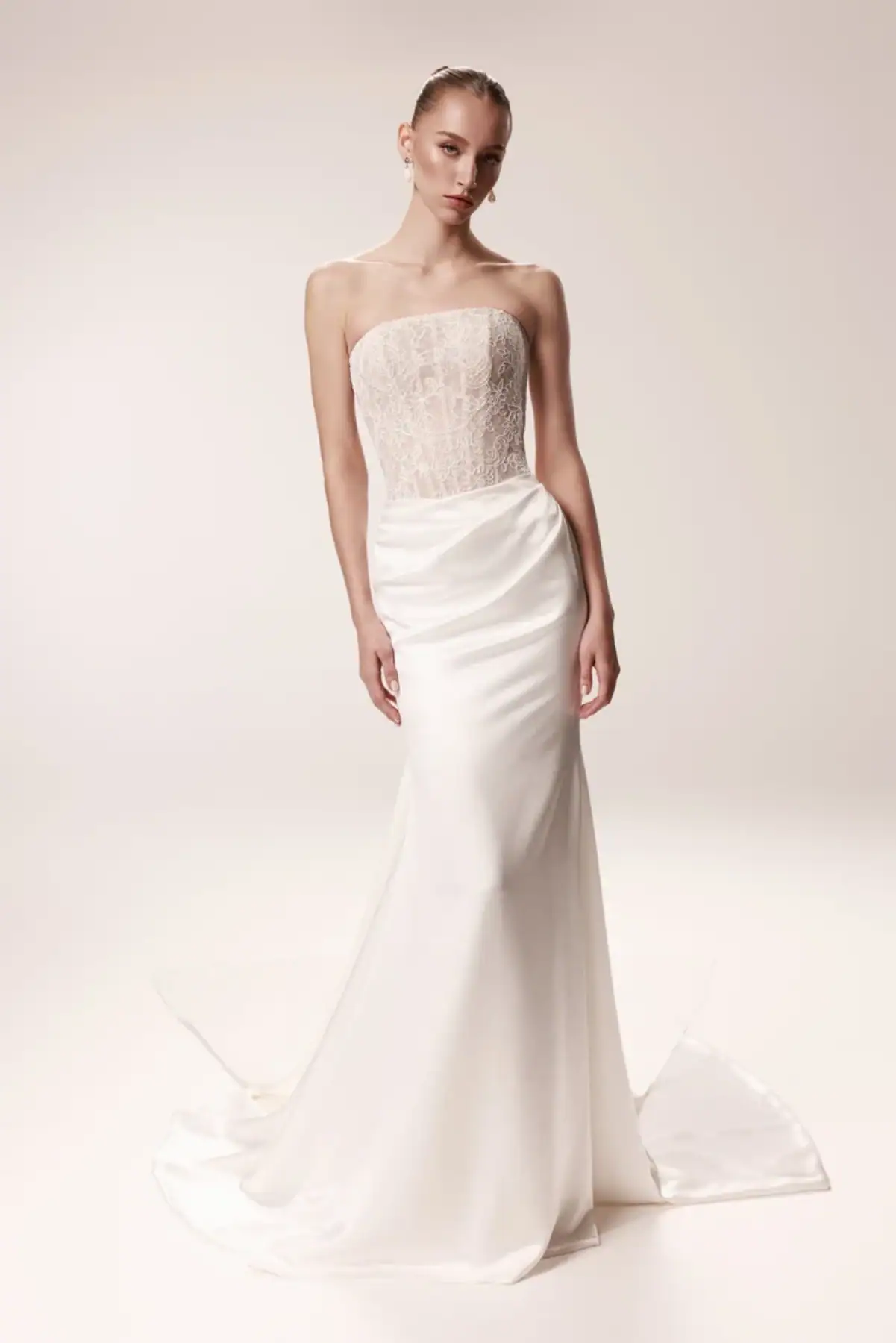fit and flare wedding dress with rounded strapless neckline