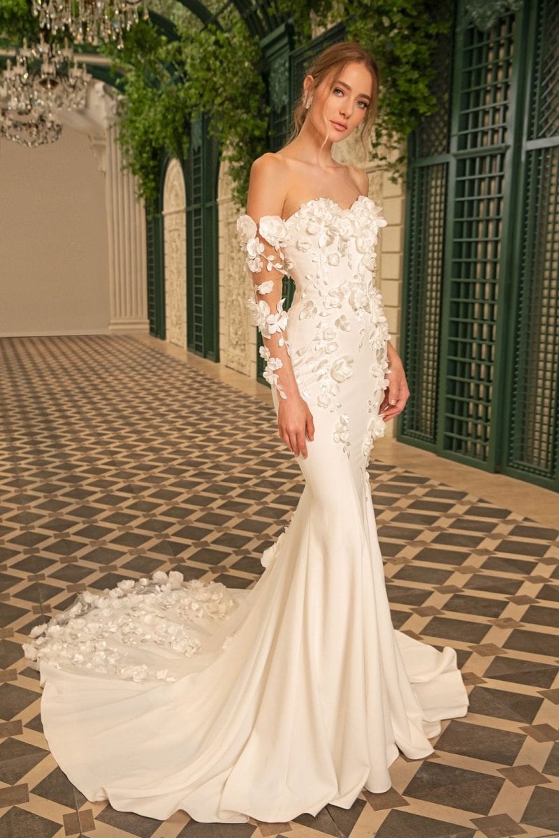 Dany Tabet Cassel off-the-shoulder, long sleeve fitted wedding dress