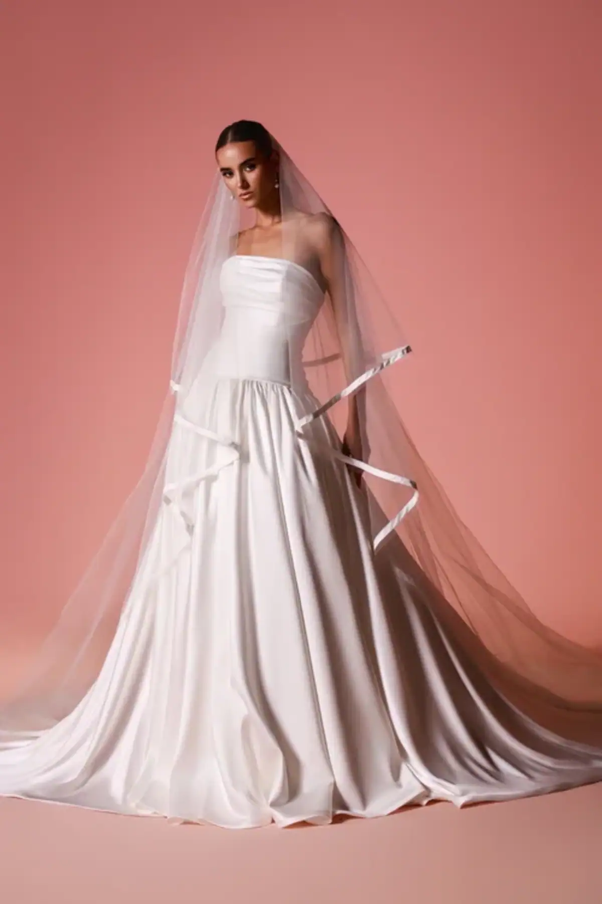 full front of dany tabet elion ivory satin drop waist wedding dress with a matching veil