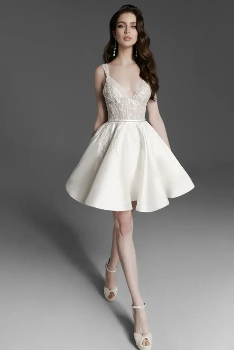 full front of dany tabet elke mini with cascading beading and a v neckline