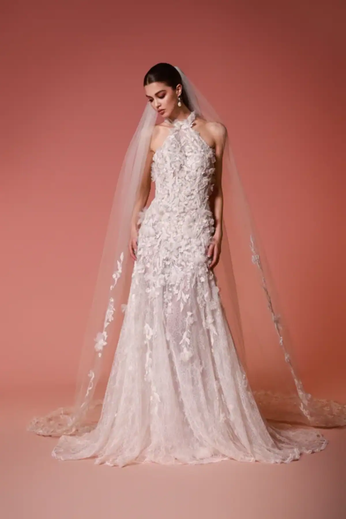 full front of dany tabet marielle ivory lace fit and flare wedding dress with a halter neckline and matching veil