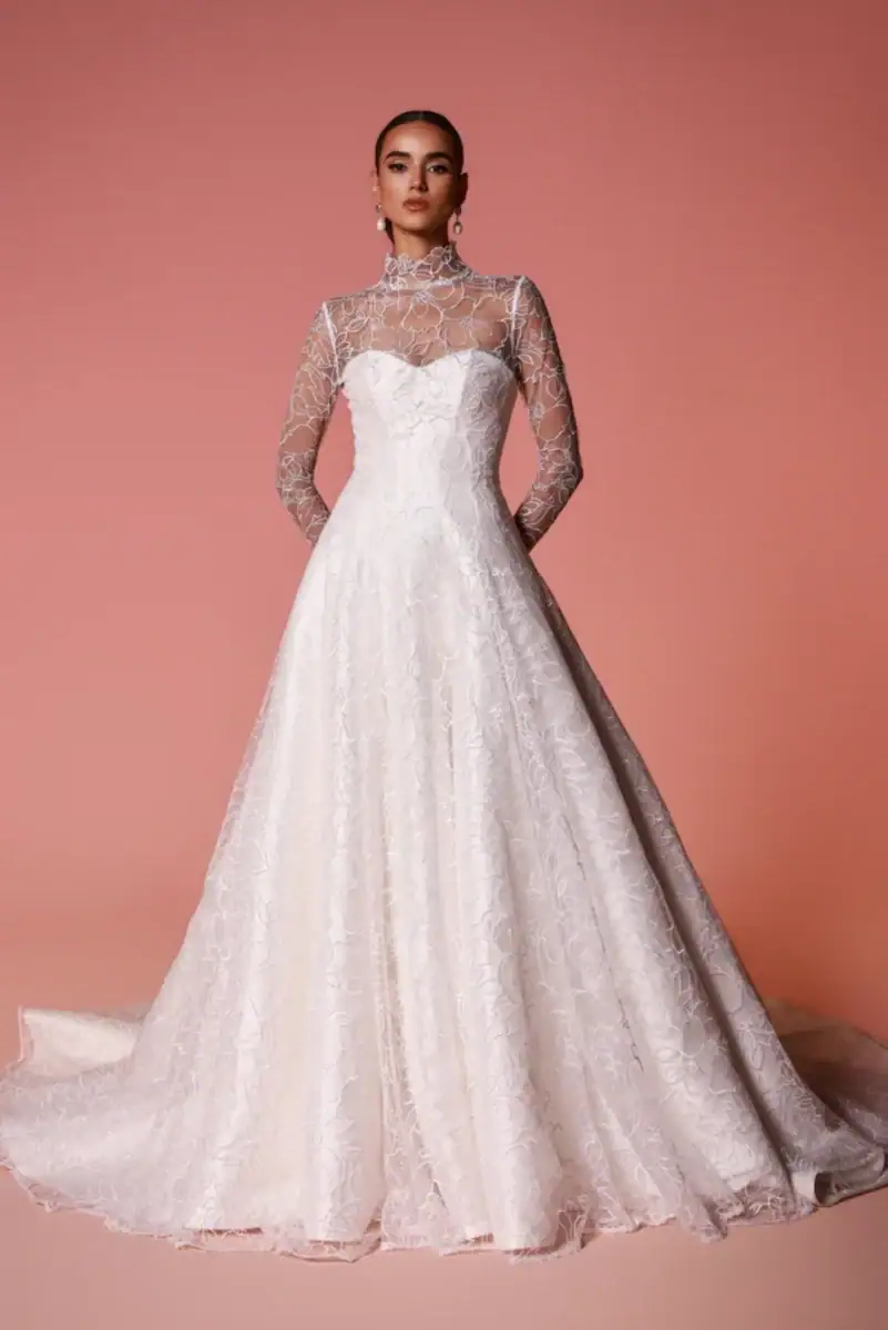 full front of dany tabet montara ivory lace a-line wedding dress with a matching long sleeve jacket