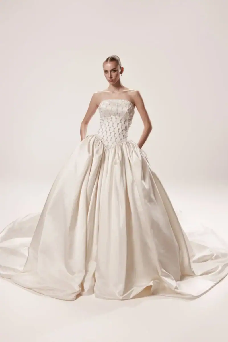 taffeta ball gown wedding dress with basque waist and beaded bodice