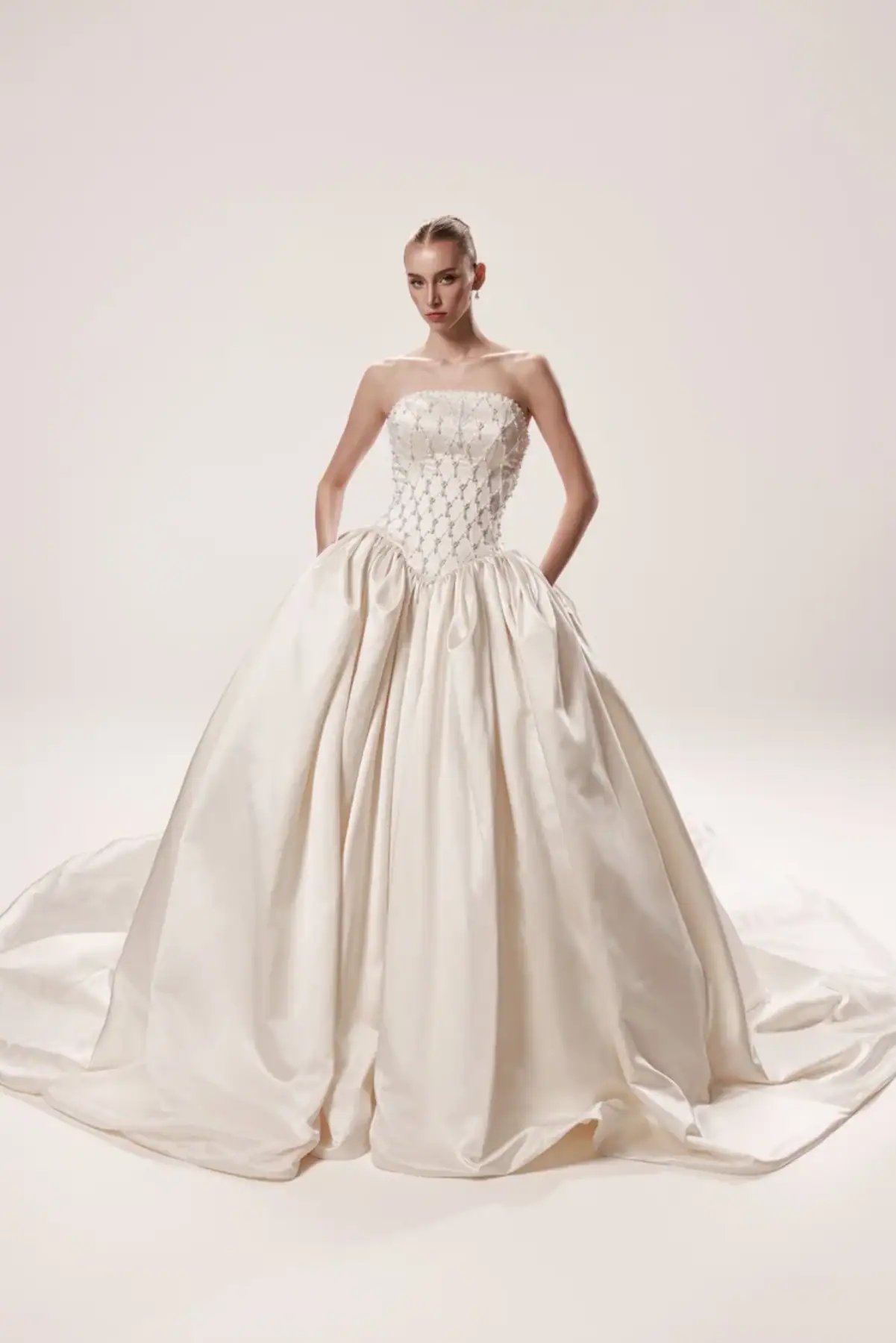 taffeta ball gown wedding dress with basque waist and beaded bodice
