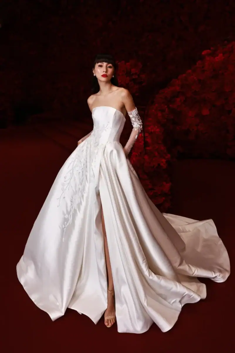 Mikado ball gown wedding dress with embroidery and matching sleeves