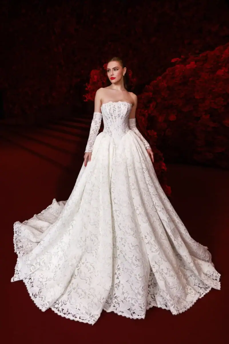 Printed ball gown wedding dress with basque waist and matching sleeves