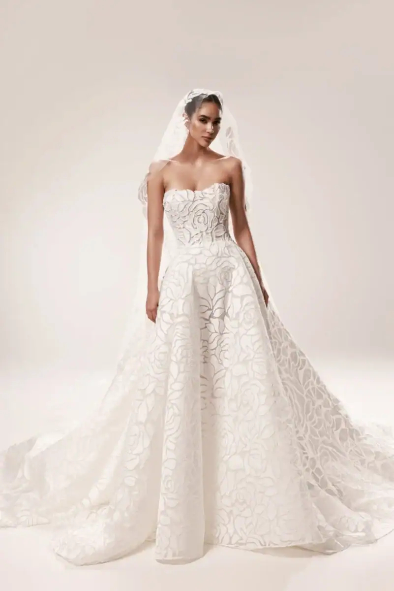 floral printed ball gown wedding dress with sweetheart bodice