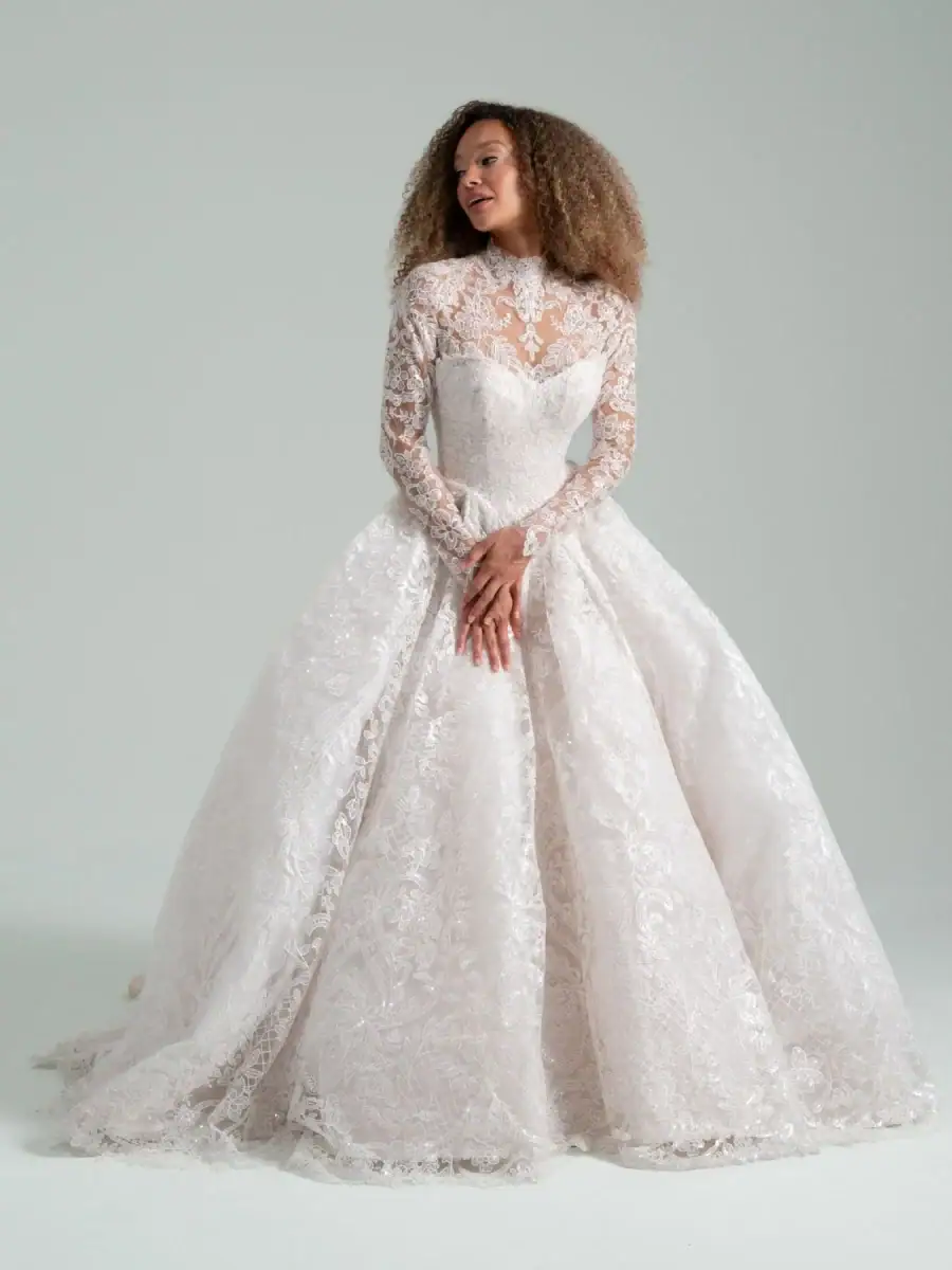 Embroidered tulle ball gown with illusion neckline and long sleeves