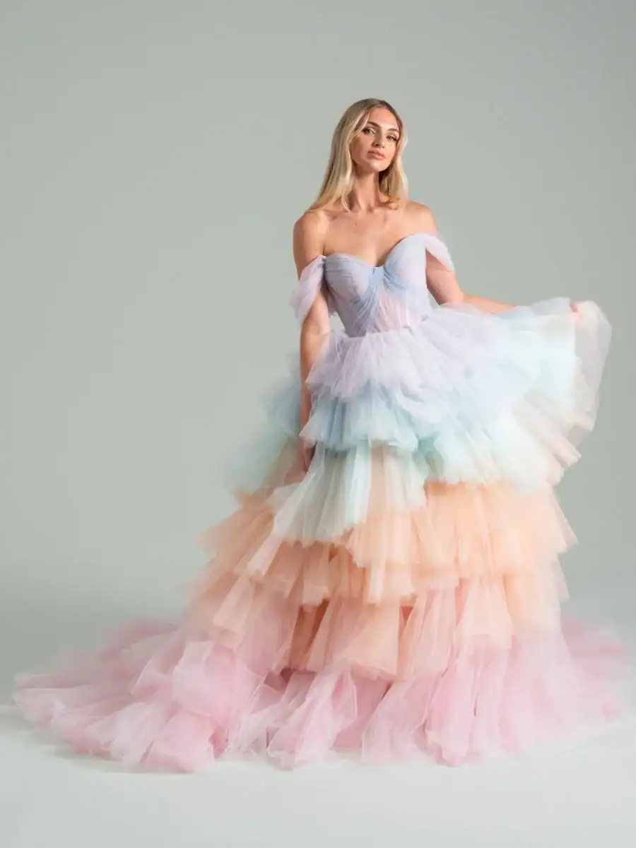 Rainbow colored ball gown with tiered ruffled skirt