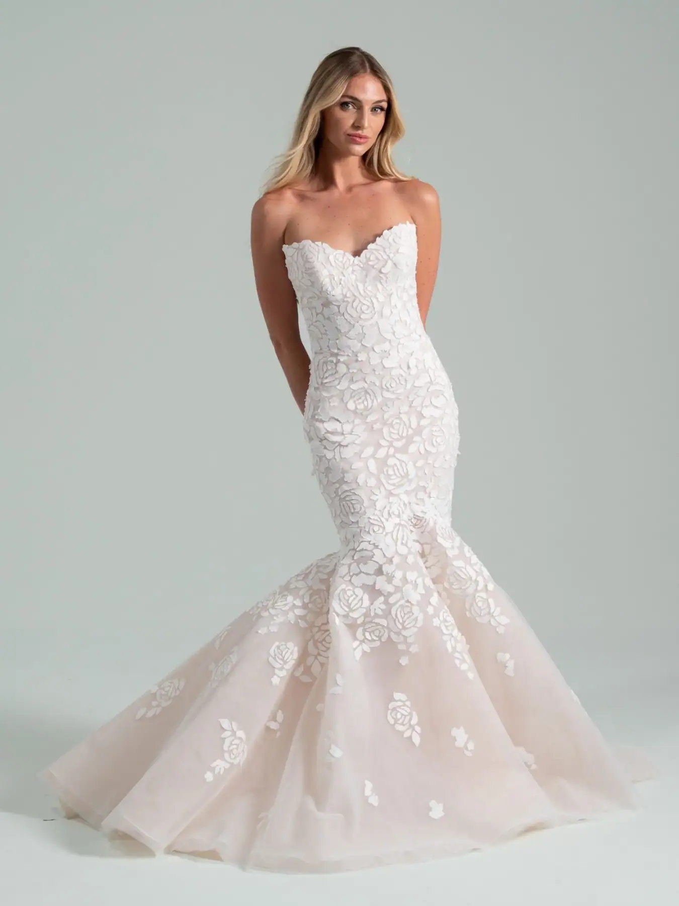 Fit n flare wedding dress with leafy floral appliques