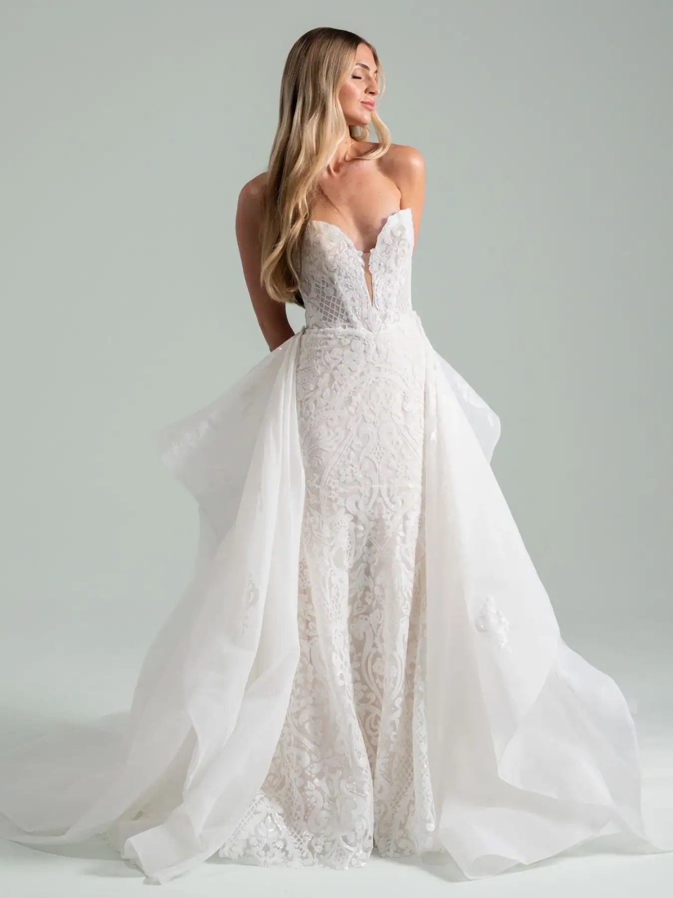 Lace fit n flare wedding dress with matching tulle overskirt