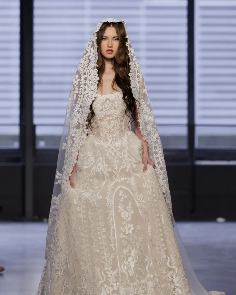 full front of hayley paige fair rosa mundi champagne lace a-line wedding dress with a matching lace veil