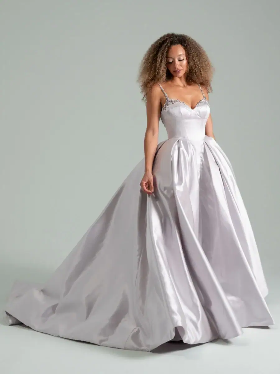Silver ball gown with beaded accents throughout