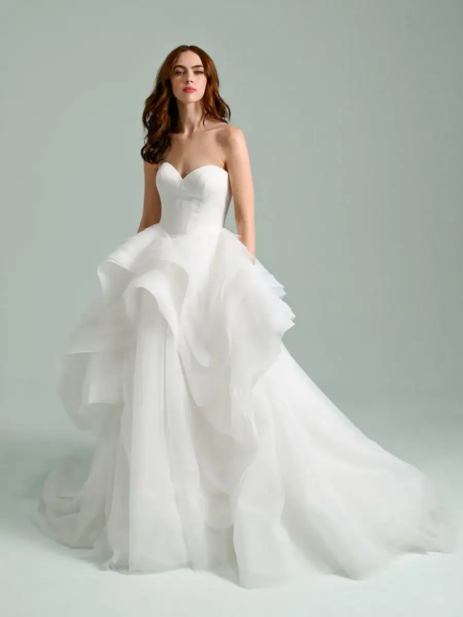 Ball gown with tiered layered skirt and sweetheart neckline