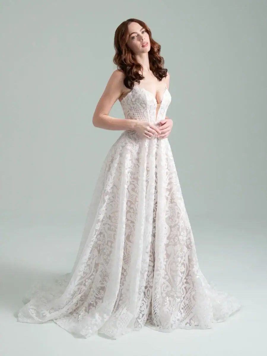 Caviar lace A-line wedding dress with V neckline
