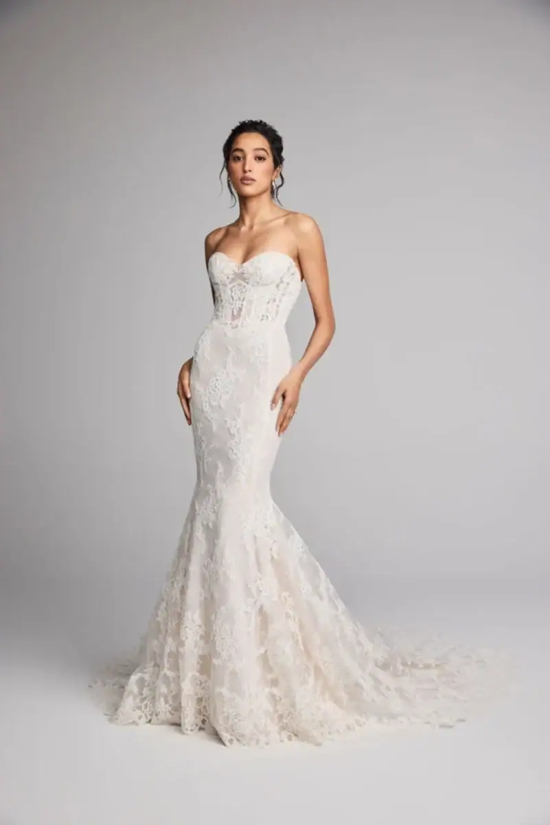 full front of ines di santo fleurine ivory lace fit and flare wedding dress with a strapless sweetheart neckline