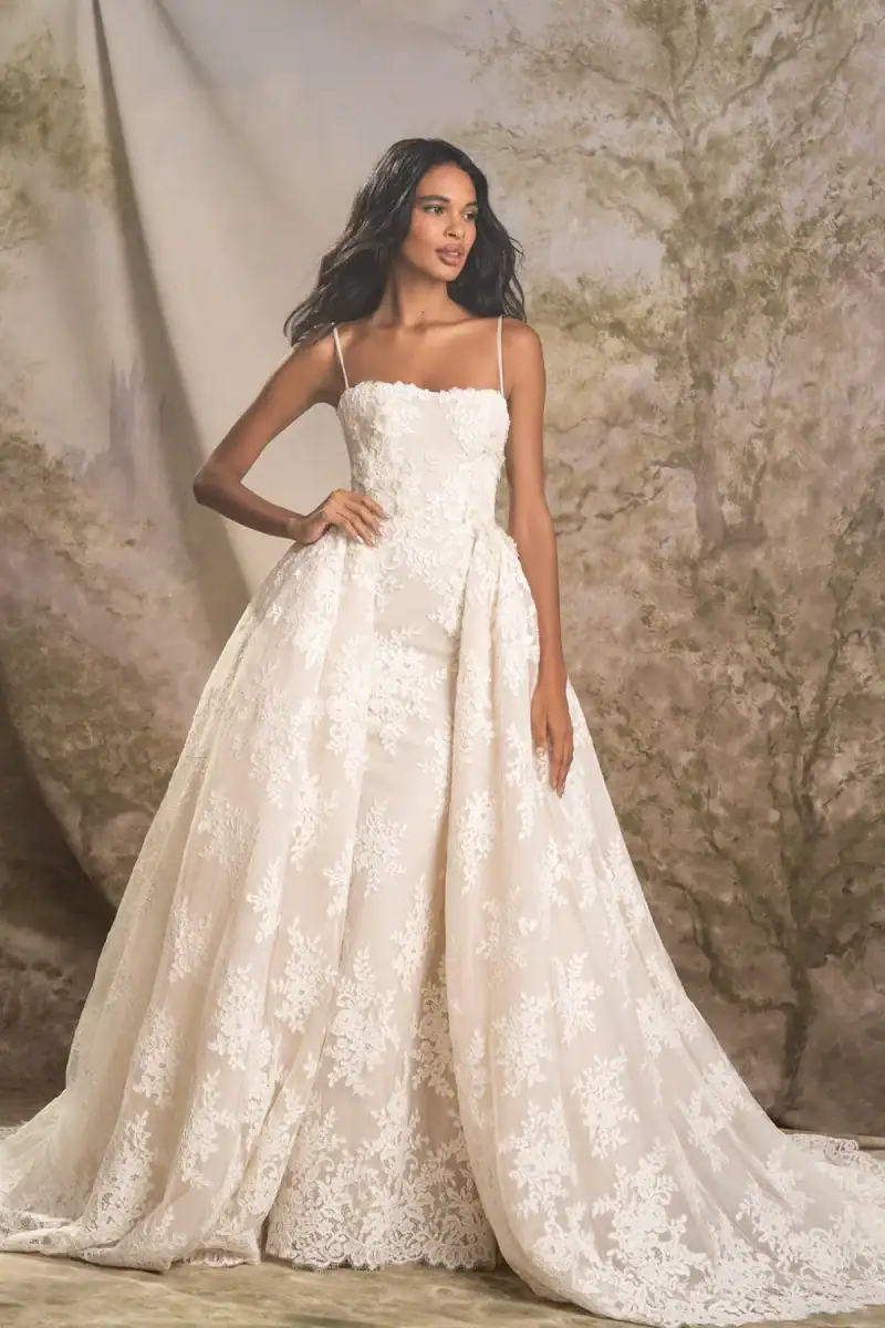 lace fit n flare wedding dress with matching ball gown overskirt
