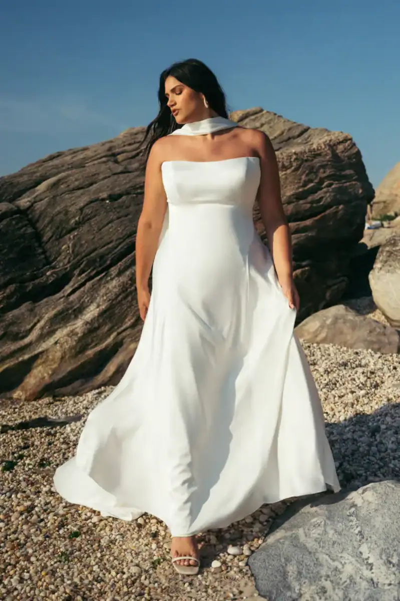 jenny yoo addilyn drop waist a-line wedding dress with scarf