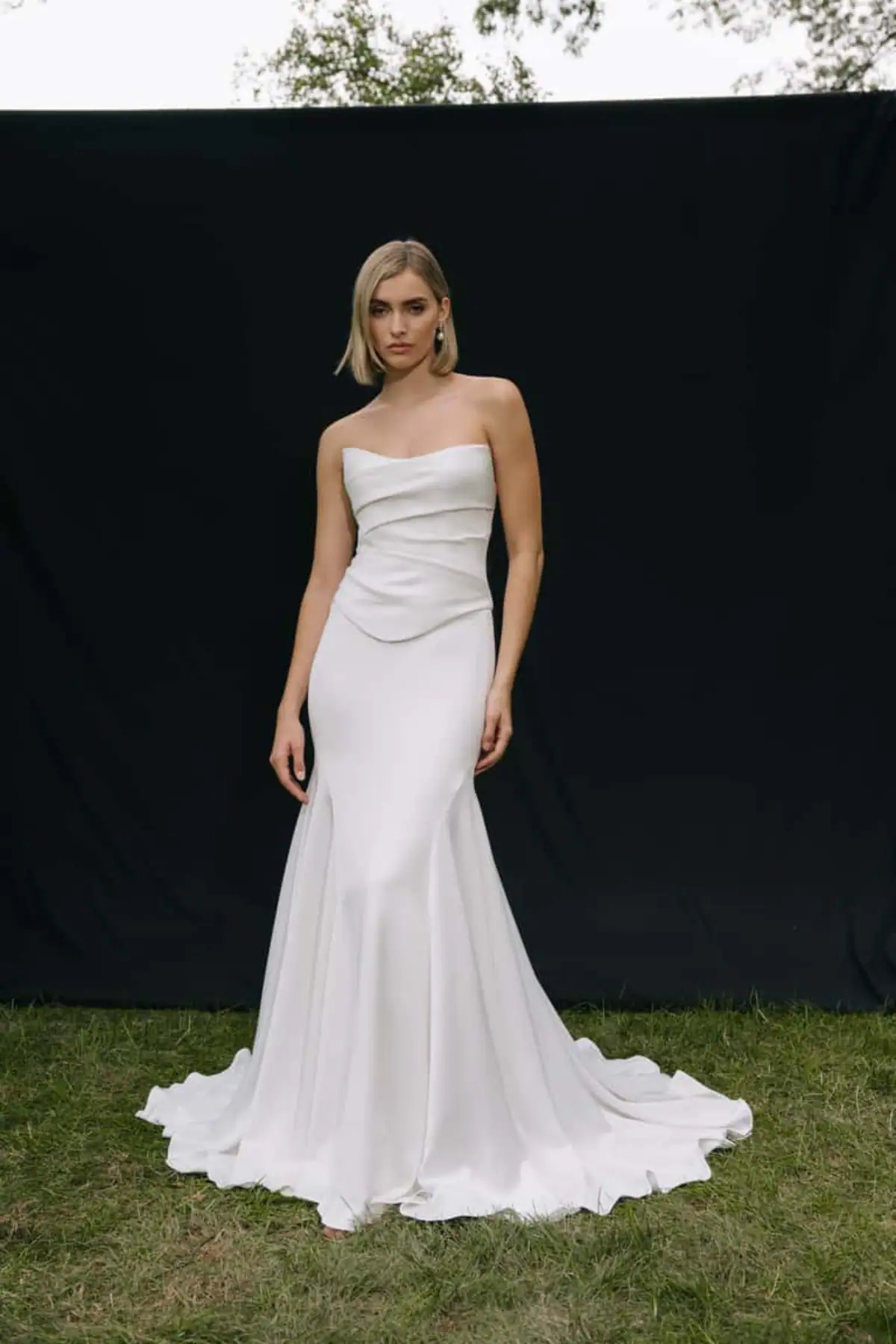 Silky fit n flare wedding dress with basque waist and strapless bodice