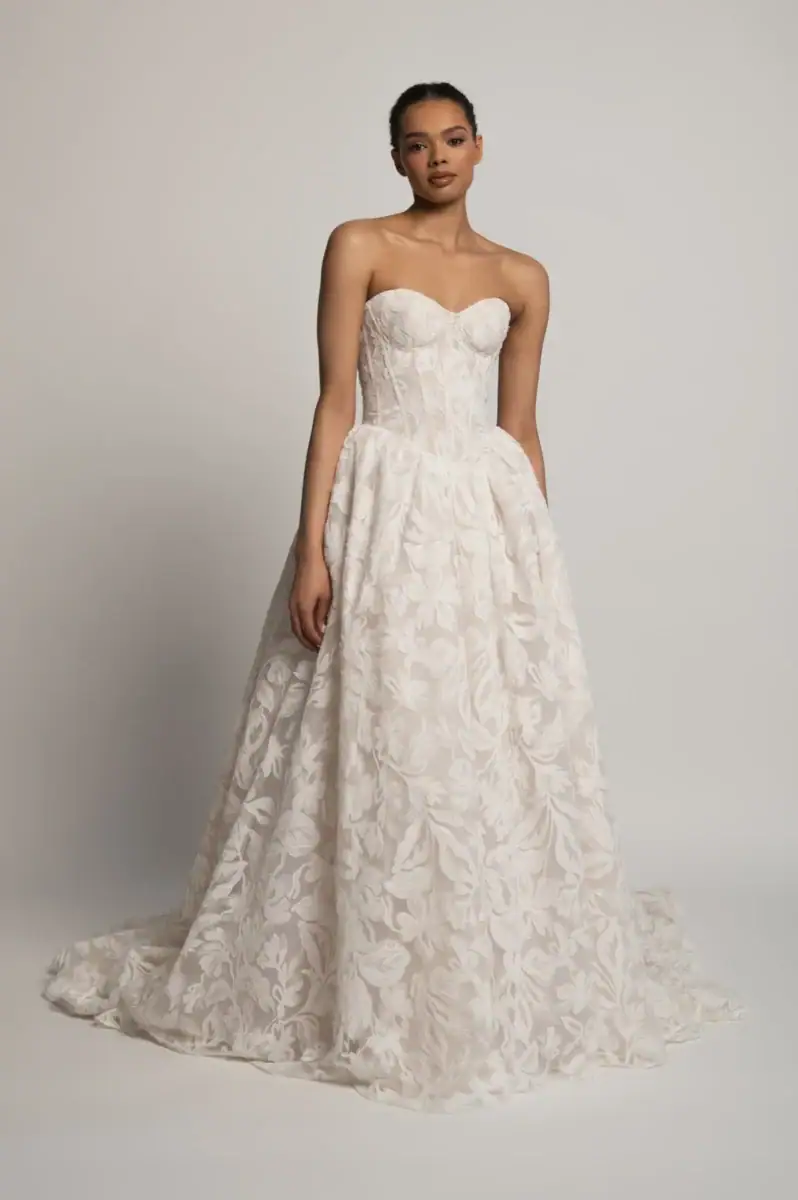full front of jenny yoo amelie ivory lace ball gown wedding dress with a strapless sweetheart neckline and basque waist