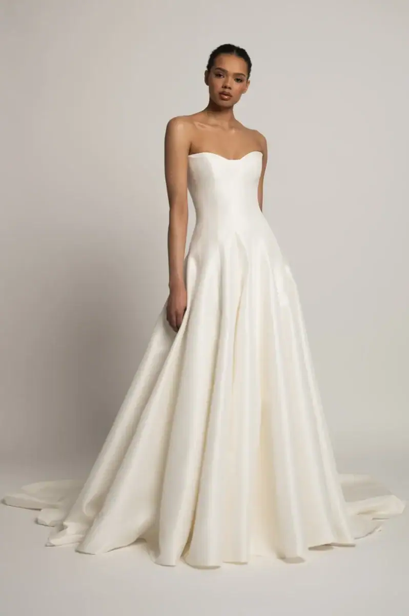 full front of jenny yoo antonia ivory silky a-line wedding dress with a strapless sweetheart neckline