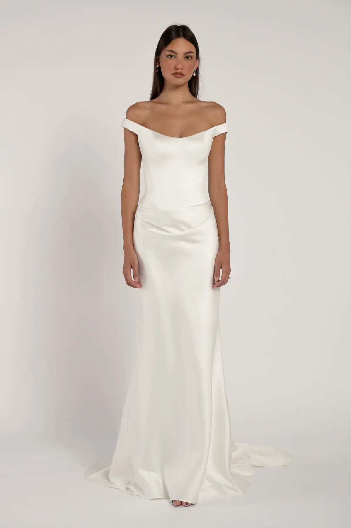 full front of jenny yoo elisa ivory fitted wedding dress with an off the shoulder neckline