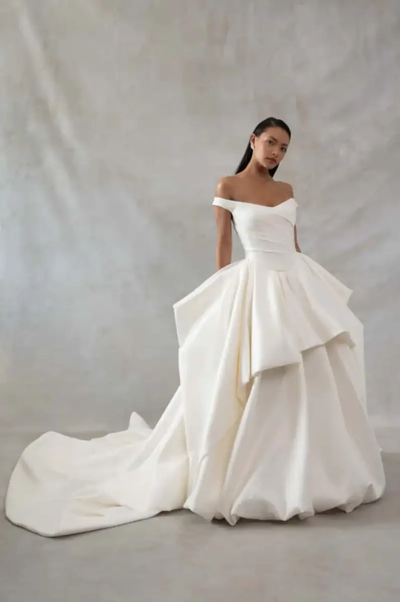 jenny yoo satin ball gown wedding dress with layered skirt
